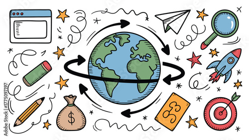 Global business strategy with innovative ideas and creative solutions for world wide success and reaching goals in dynamic market, a conceptual doodle