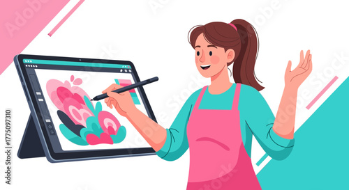 Woman Creates Digital Art Using Tablet Illustrating Creative Process Beautifully