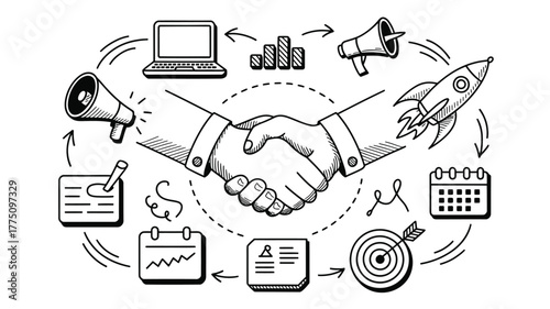 Strategic business partnership handshake driving growth and innovation, launching new ventures with data insights and clear goals in modern tech landscape