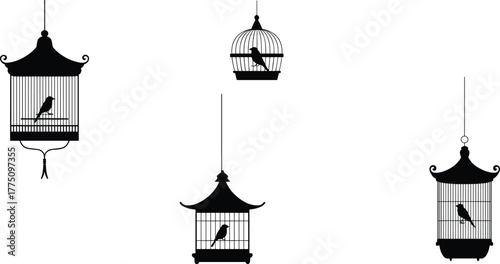 Birdcage silhouette set, vintage hanging cages, minimalist black and white design, decorative bird cage art, elegant aviary illustration, wall decor