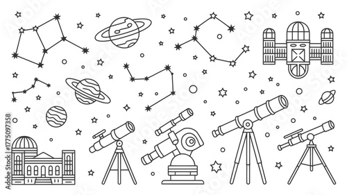 Explore the Universe with this Stellar Collection of Telescopes, Constellations, Planets, and Space Observatories in a Modern Black and White Style