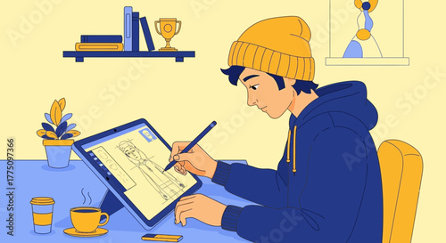 Young Artist Sketching Fashion Design Concept On Digital Tablet With Inspiration