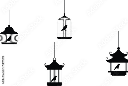 Birdcage silhouette set, vintage hanging cages, minimalist black and white design, decorative bird cage art, elegant aviary illustration, wall decor
