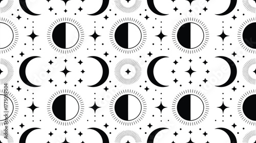 Elegant celestial seamless pattern with moon phases and stars for magical dreamy designs, perfect for spiritual and cosmic themes, witchcraft, and astrology