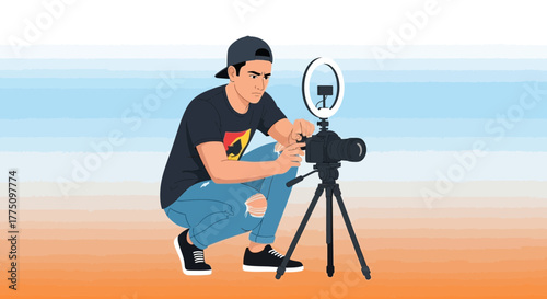 Young Man Preparing His Camera And Ring Light For Video Recording Content