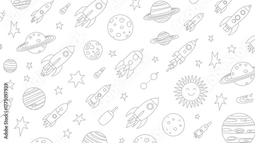 Adorable space themed pattern with rockets, planets, and stars perfect for kids' projects or fun designs for textiles and backgrounds