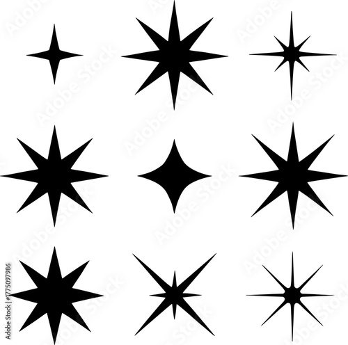 Stars Set, Various Shapes and Sizes, Isolated on White Background. Decorative Starbursts, Graphic Design Elements
