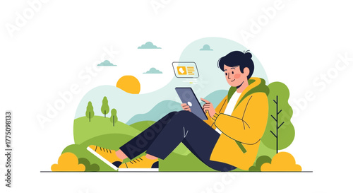 Young Person Using Tablet Leisurely Outdoors In Green Landscape