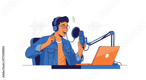 Young Podcaster Broadcasting Live From Studio With Microphone And Laptop Discussing Subject