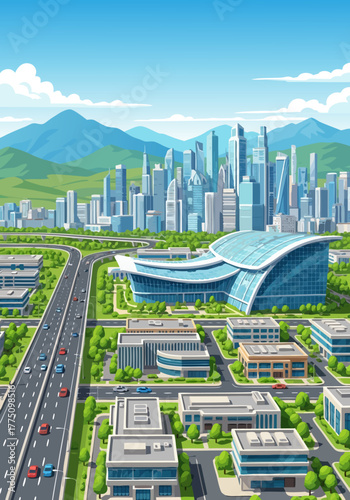 Modern Cityscape with Futuristic Architecture and Bustling Highway Under a Clear Blue Sky