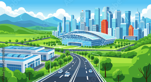 Modern city vector illustration. Urban skyline, stadium, factories, highway, and green hills for infrastructure development