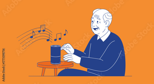 Elderly man enjoying music played by a smart speaker, depicted in a cheerful flat illustration.