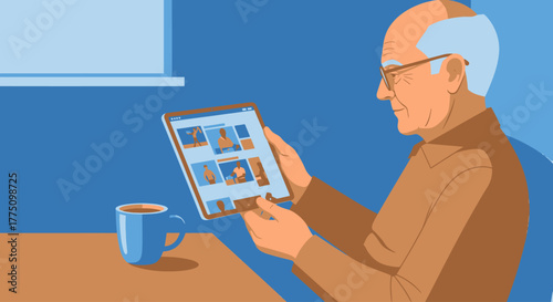 An elderly man with glasses sits at a table, engrossed in a tablet device while enjoying a hot drink.