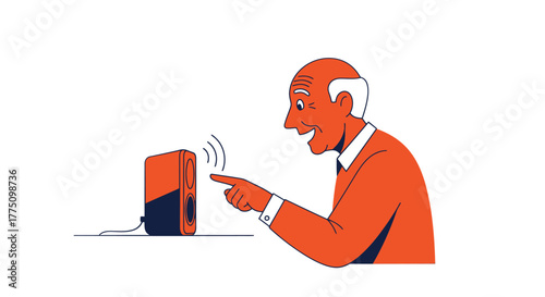 An elderly man happily interacts with a smart speaker, pointing at the device as it emits sound waves.