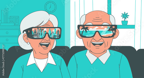 Elderly couple smiling while wearing virtual reality glasses, one reflecting a city and the other a beach scene, enjoying immersive experiences.