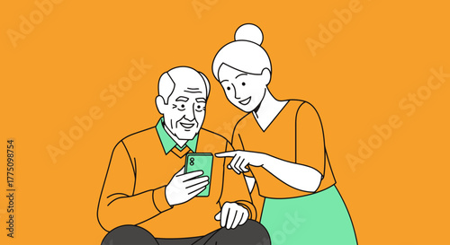 Young woman helping an elderly man use a smartphone, demonstrating how to navigate the device.