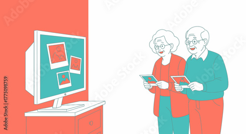 Elderly couple happily viewing digital photos on tablets with a computer monitor displaying more images in the background.