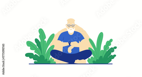 Flat design illustration of a calm, bearded man with glasses sitting cross-legged, surrounded by green plants, using a laptop.