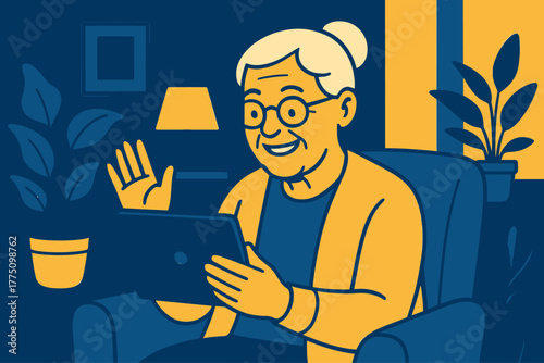 Elderly woman smiling and waving during a video call on a tablet in her cozy living room.