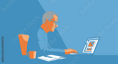 An illustration of an older man with glasses working on a laptop at a desk, with a notebook, pen, and coffee mug, depicted in a blue and orange color scheme.