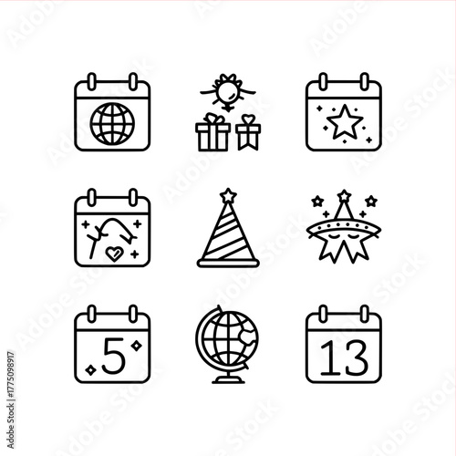 Plan your events with these minimalist calendar icons and globe, perfect for scheduling travel, birthdays, holidays and more with these stylish designs
