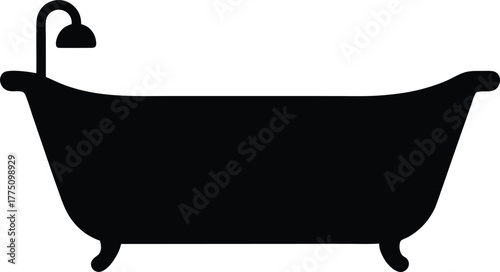Black Bathtub Silhouette Icon with Shower Head on White Background