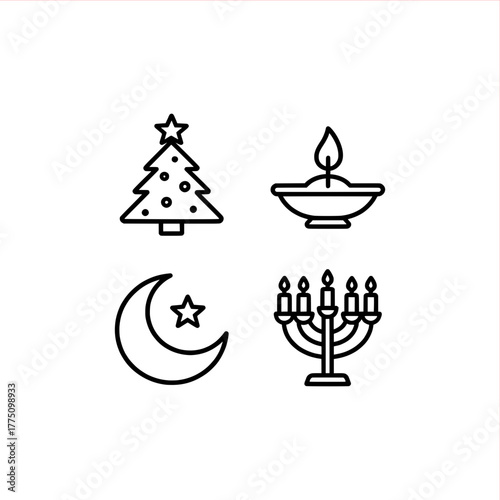 Celebrate diversity with this elegant icon set, representing Christmas, Islam, Hinduism, and Hanukkah for multicultural holiday cheer and unity themes