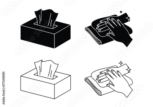 Tissue box and cleaning hand gestures icons - Vector icon symbol for website - Icon vector - Blue icon vector - Line and glyph solid icon set