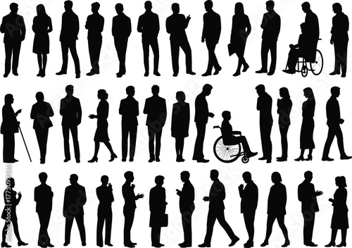 Black and white silhouettes of diverse business people, standing and talking, inclusive workplace team with professionals and wheelchair users