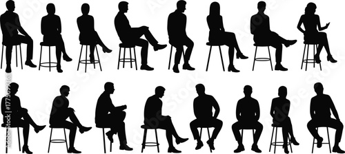 Black and white silhouettes of people sitting on stools, men and women in casual postures, waiting or talking illustration