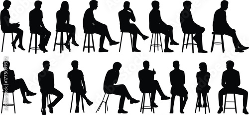 Black and white silhouettes of people sitting on stools, men and women in casual postures, waiting or talking illustration