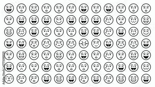Expressive emoji face collection, conveying a wide range of emotions and feelings, perfect for digital communication and social media designs