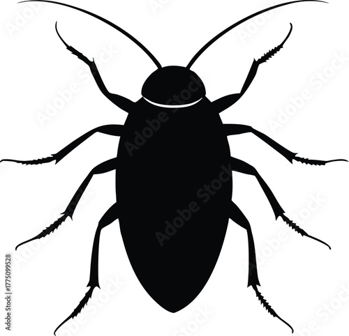 Black Silhouette of a Cockroach Isolated on White Background – Pest Control Concept Illustration