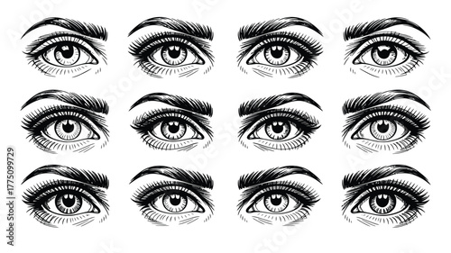 Hand-drawn elegant eyes with expressive eyebrows and lashes create a mesmerizing beauty concept for fashion, makeup, and design projects
