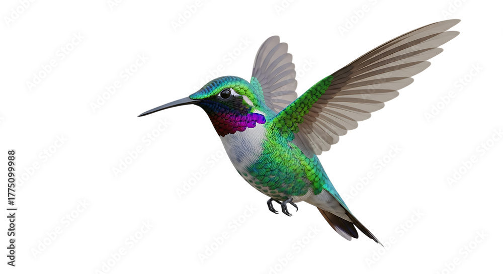 Fototapeta premium Vibrant hummingbird with iridescent feathers takes flight in stunning detail