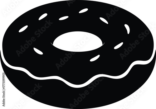 Donut Silhouette Vector – Black Icon of Sweet Doughnut with Icing and Sprinkles Isolated on White Background