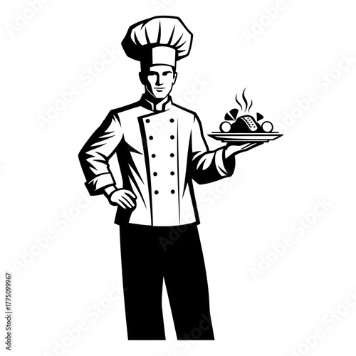 Chef holding a plate of food, ready to serve the meal.