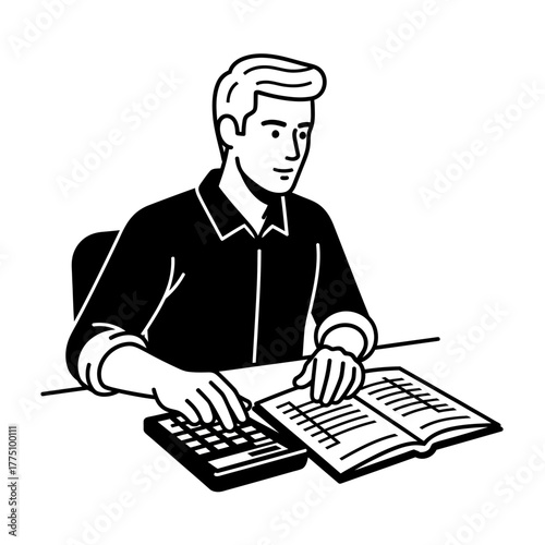 Man calculating finances with calculator and book.