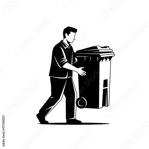 Man carrying a black trash can, walking forward, monochrome illustration.