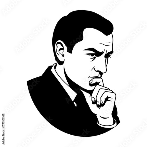 Man in a suit, deep in thought, pondering a question.