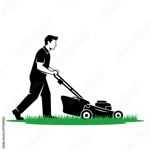 Man mowing the lawn with a lawnmower on grass.