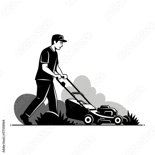 Man mowing the lawn with a lawnmower in the garden.
