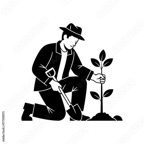 Man planting a tree in the ground for environmental protection.