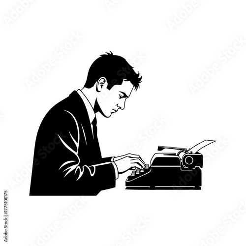 Man in suit typing on a vintage typewriter.