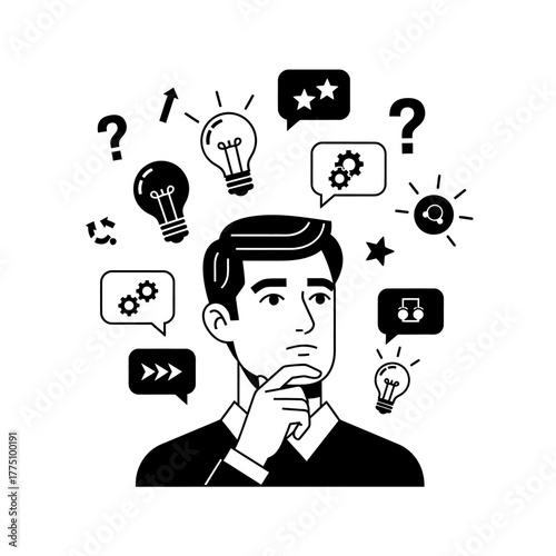 Man thinking with ideas and questions around his head.