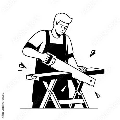 Man using a saw to cut wood on a workbench.