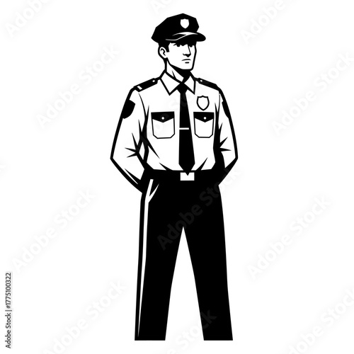Security guard in uniform standing at attention looking forward.