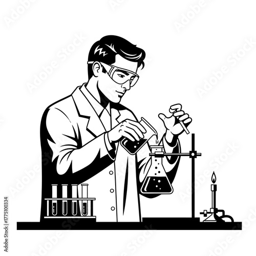 Scientist in lab coat conducting chemical experiment carefully.