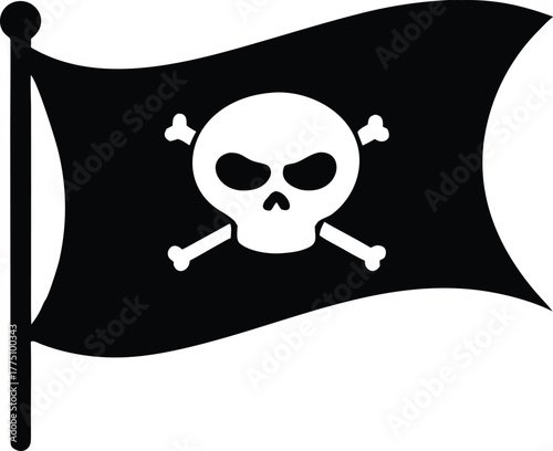 Pirate Flag Icon with Skull and Crossbones – Black Silhouette Symbol of Danger or Warning