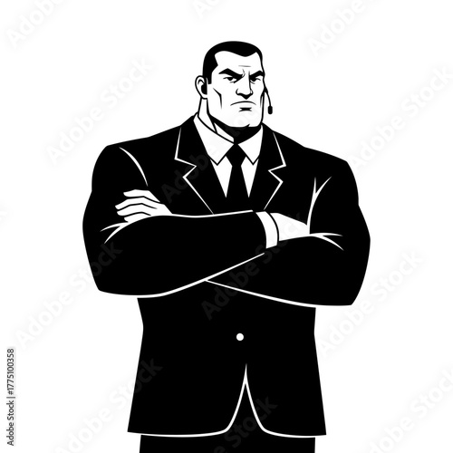 Strong Security Guard in Black Suit Posing Confidently.
